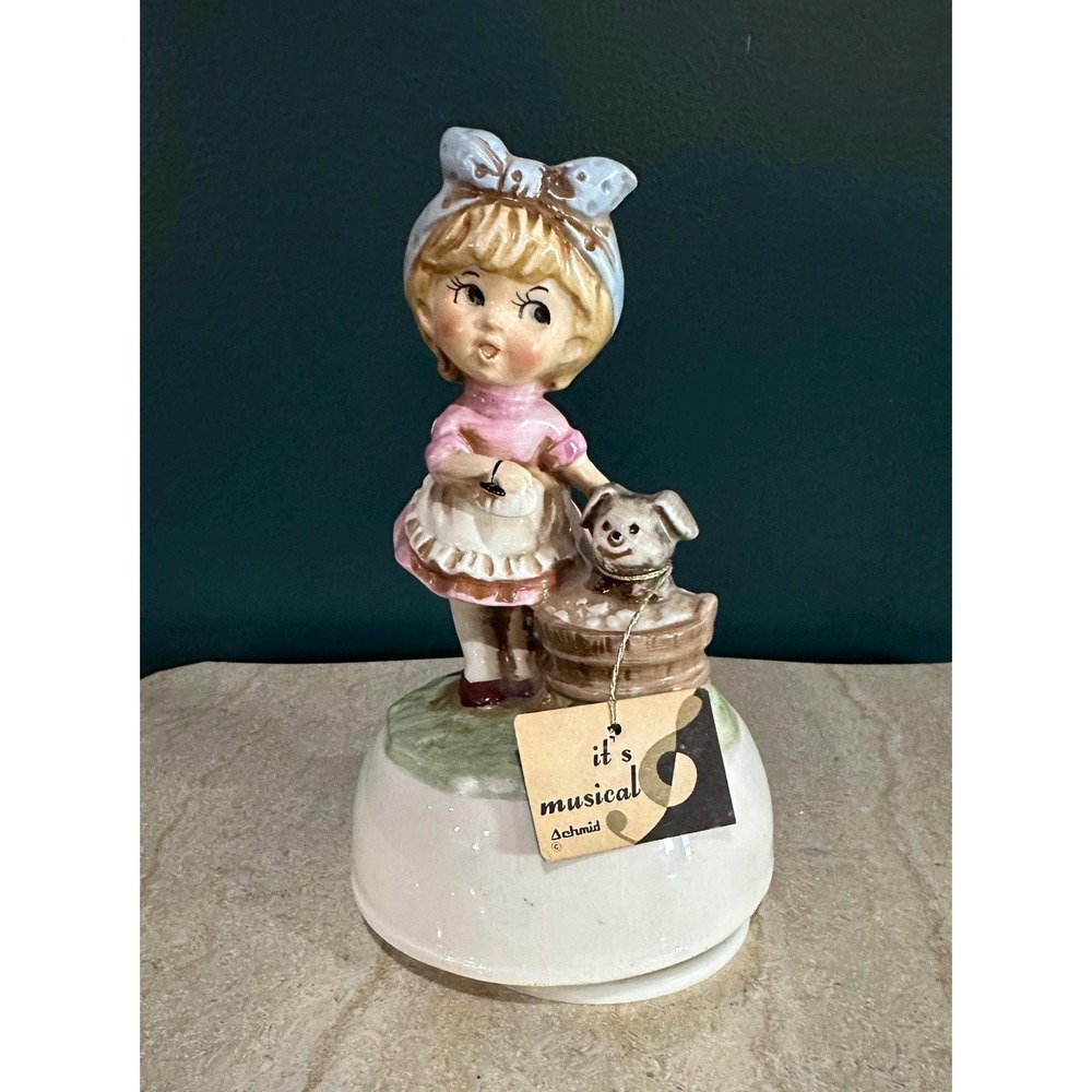 Vintage‎ Schmid Porcelain Music Box: Girl Washing Dog, Plays Both Sides Now